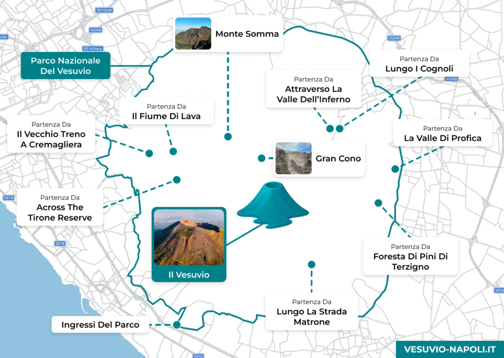 Map of Vesuvius National Park with routes and points of interest like Il Vesuvio and Monte Somma